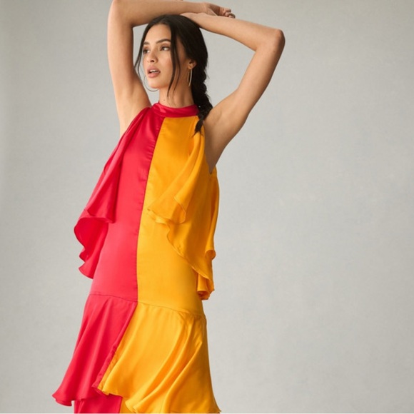 NWT ANTHRO L Pinnacle by Shruti Sancheti Mock-Neck Colorblock Ruffle Dress - Picture 3 of 10